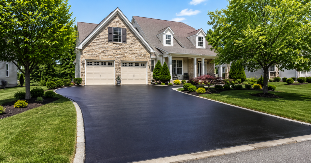 Freshly sealed residential asphalt driveway in Eagleville Pennsylvania