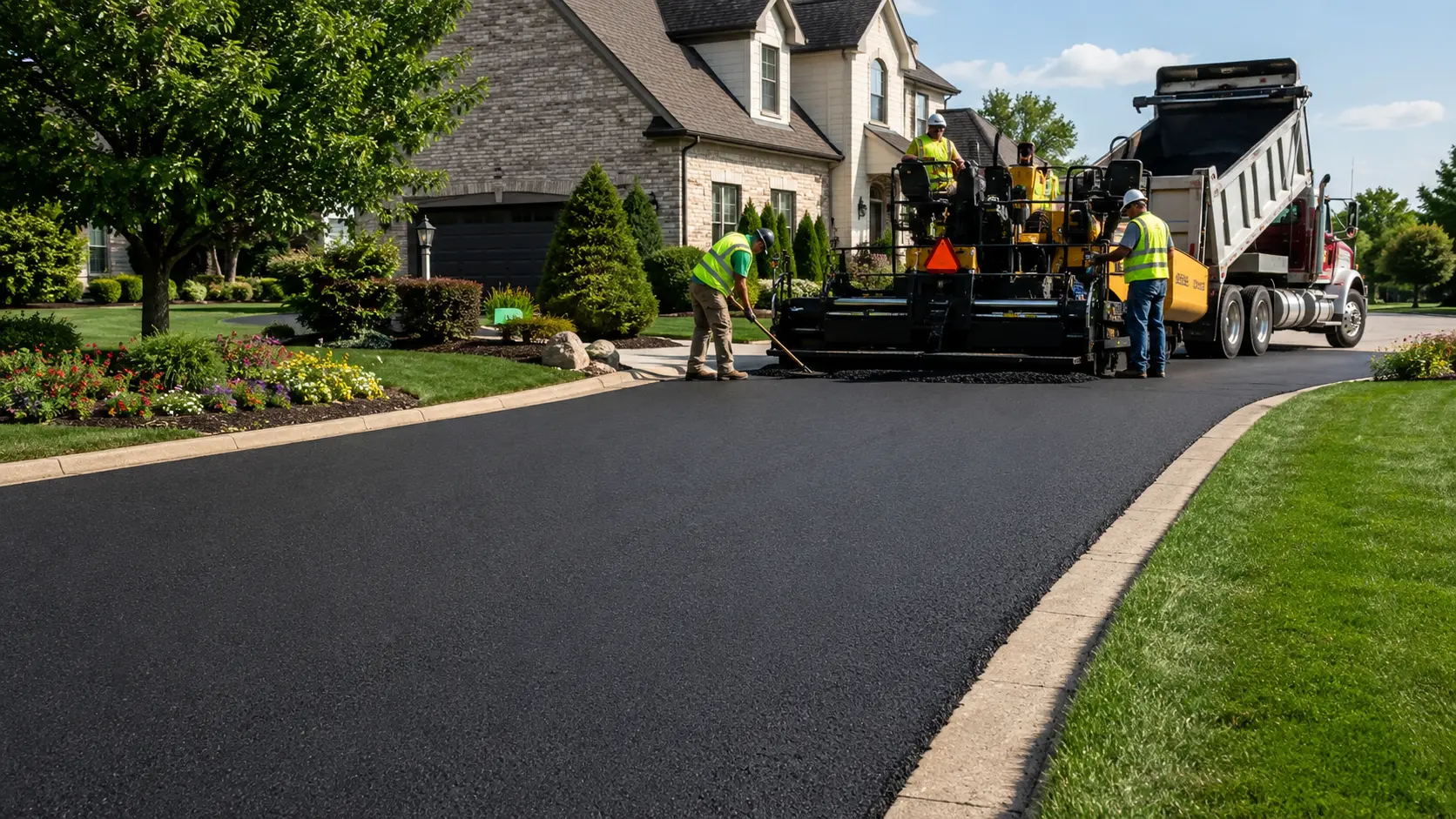 Residential asphalt paving crew installing a new blacktop driveway in Pennsylvania