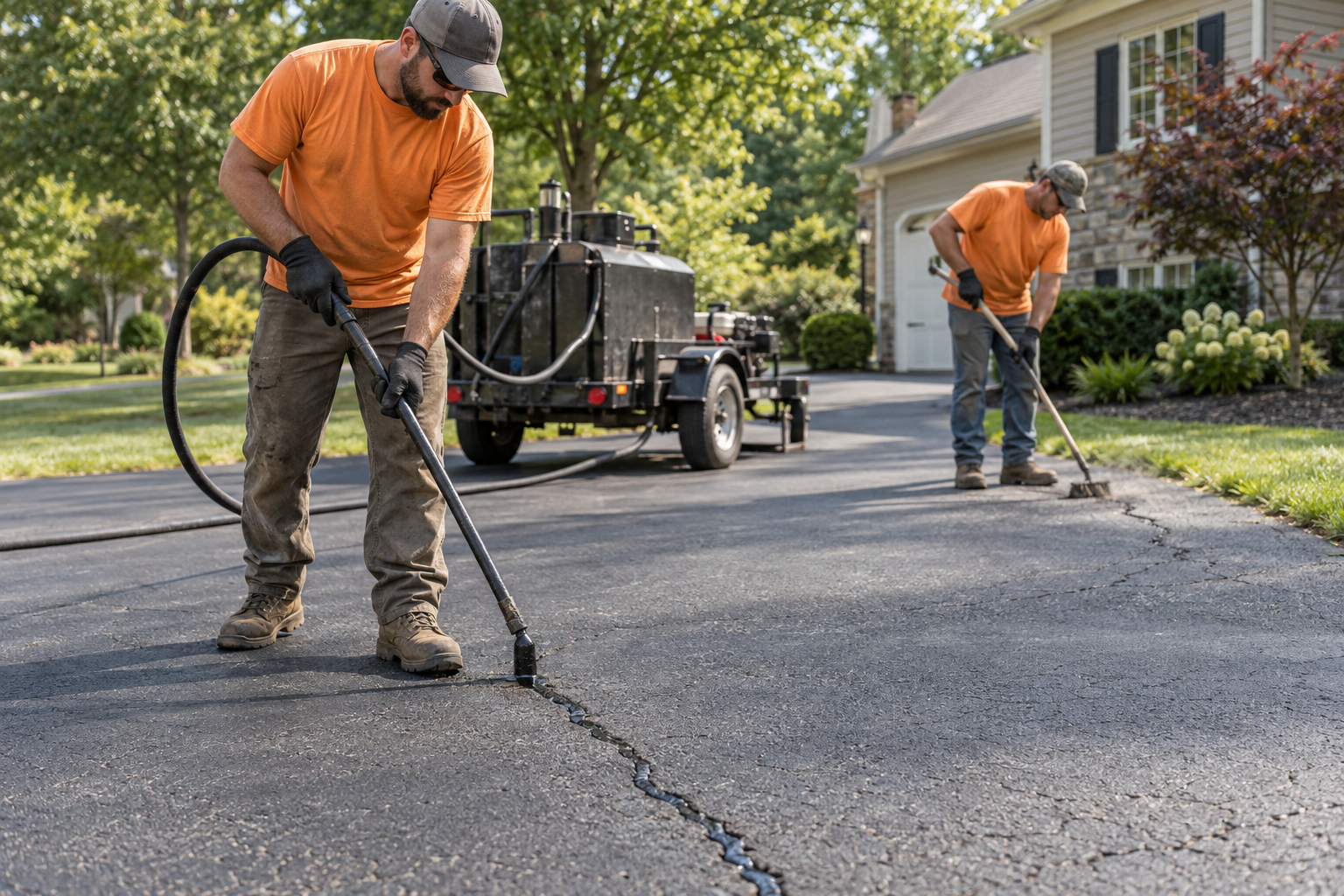 Contractors repairing cracks in a residential asphalt driveway in Eagleville PA