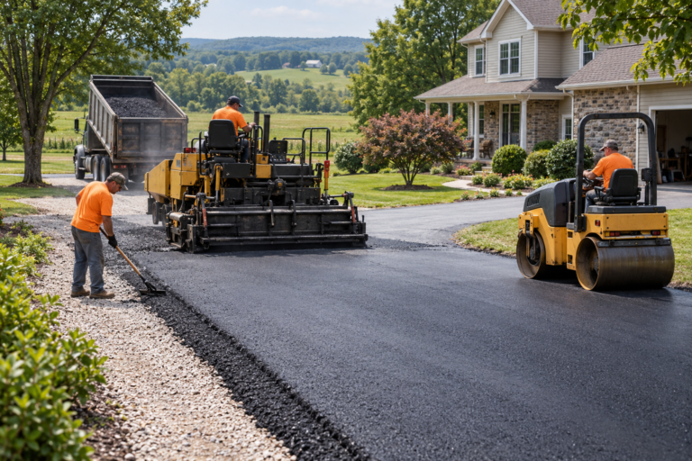 Paving crew installing a new residential asphalt driveway in Bally PA