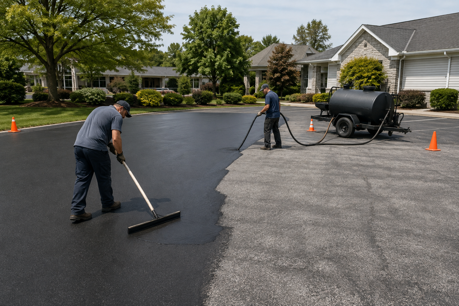 Professional sealcoating applied to a faded asphalt driveway and parking area