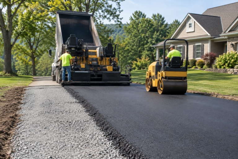Professional crew installing and compacting a new asphalt driveway in Bath, PA