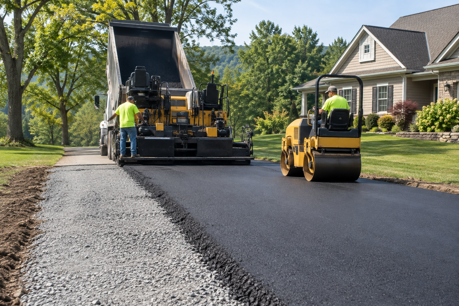 Professional crew installing and compacting a new asphalt driveway in Bath, PA