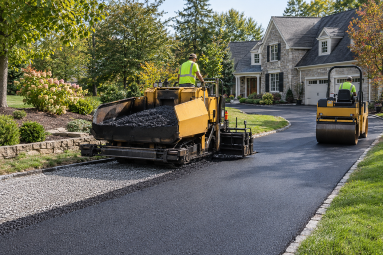 Professional crew installing and compacting a new asphalt driveway in Blue Bell, PA