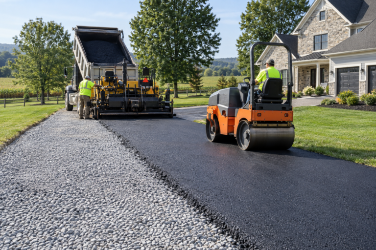 Professional crew installing and compacting a new asphalt driveway in Breinigsville, PA