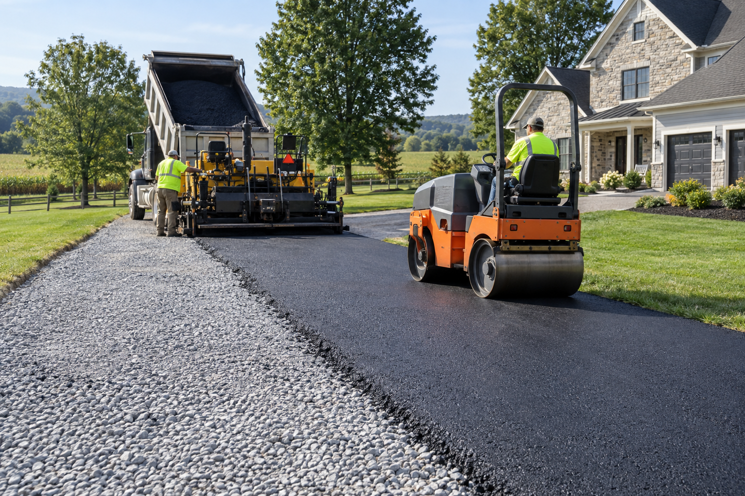 Professional crew installing and compacting a new asphalt driveway in Breinigsville, PA
