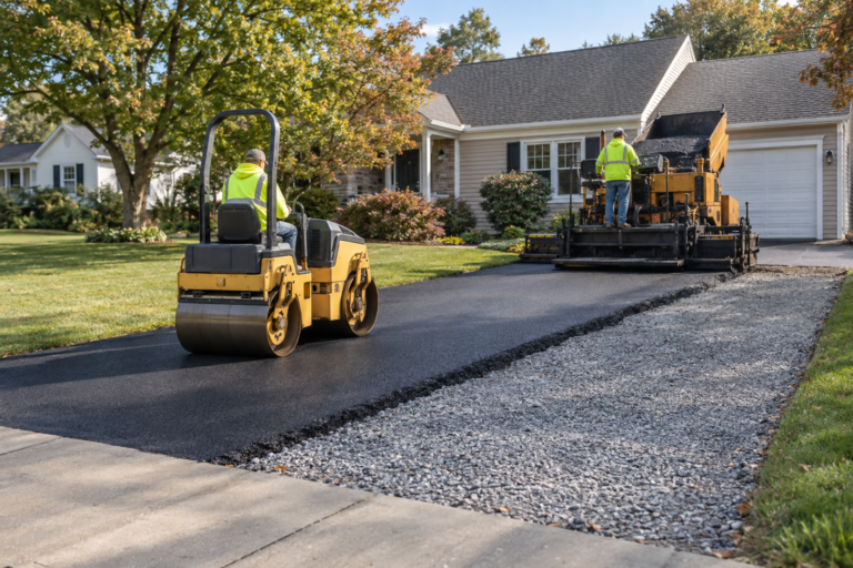 Professional crew installing and compacting a new asphalt driveway in Catasauqua, PA