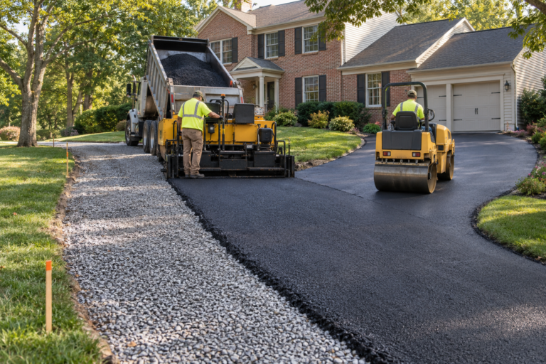 Professional crew installing and compacting a new asphalt driveway in Collegeville, PA