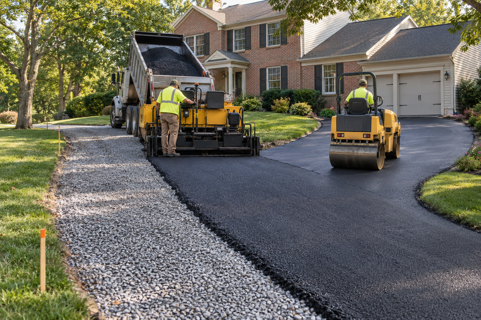 Professional crew installing and compacting a new asphalt driveway in Collegeville, PA