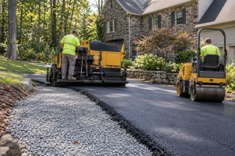 Professional crew installing and compacting a new asphalt driveway in Evansburg, PA