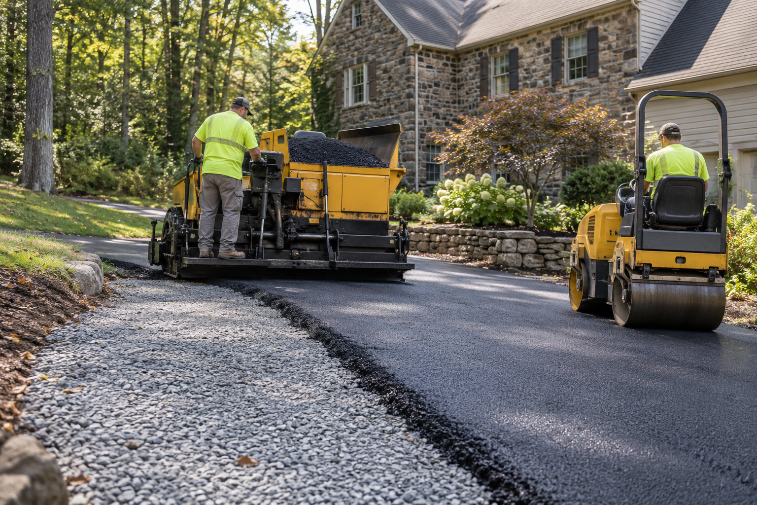Professional crew installing and compacting a new asphalt driveway in Evansburg, PA