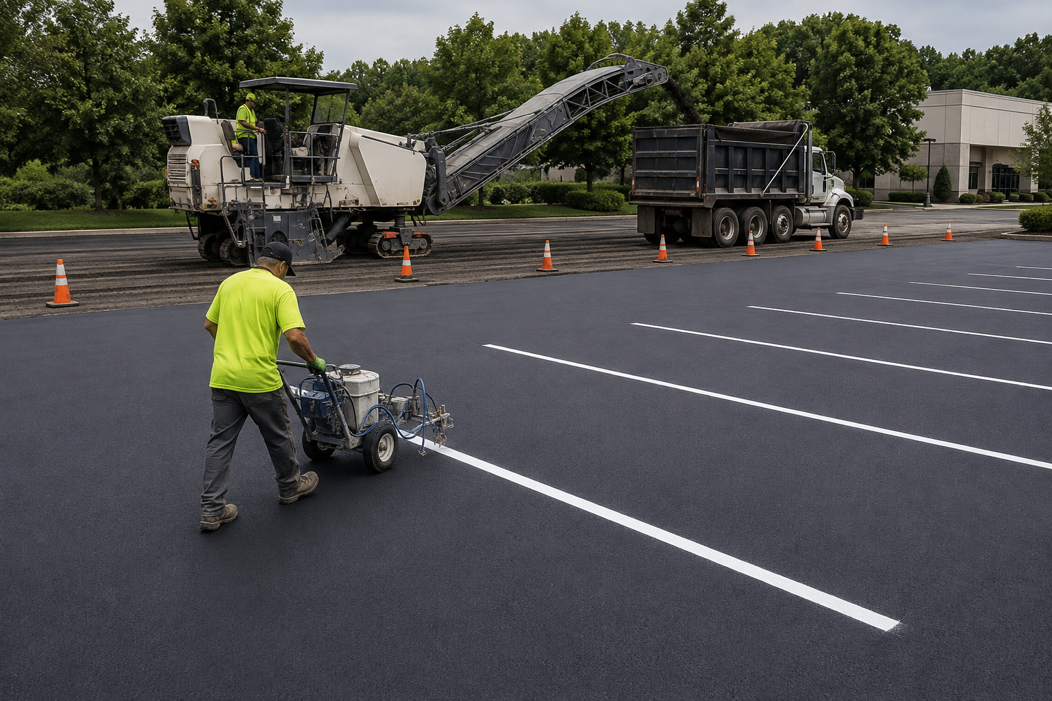 Asphalt milling and fresh parking lot striping on commercial pavement