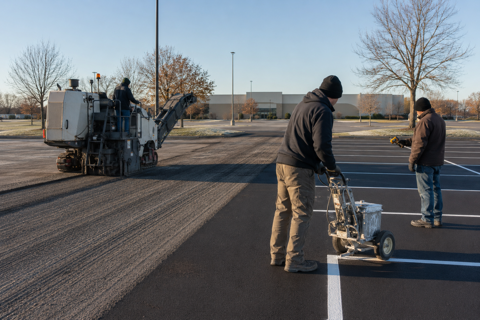 Asphalt milling and parking lot striping in cold, dry weather