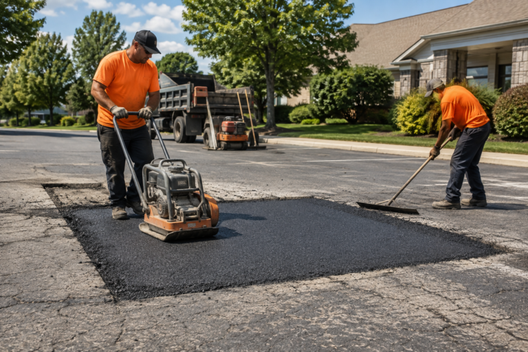 Paving crew compacting a full-depth asphalt patch in damaged pavement