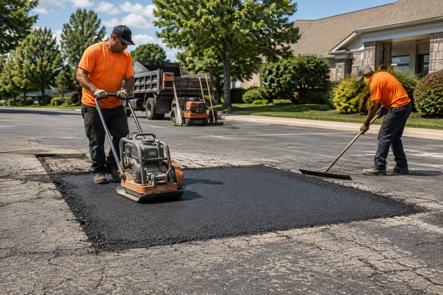 Paving crew compacting a full-depth asphalt patch in damaged pavement