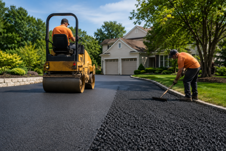 Paving crew installing and compacting a residential asphalt blacktop driveway