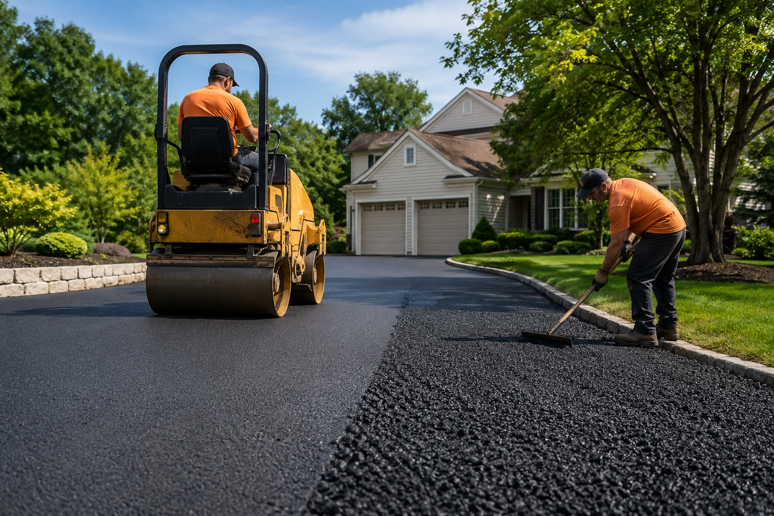Paving crew installing and compacting a residential asphalt blacktop driveway