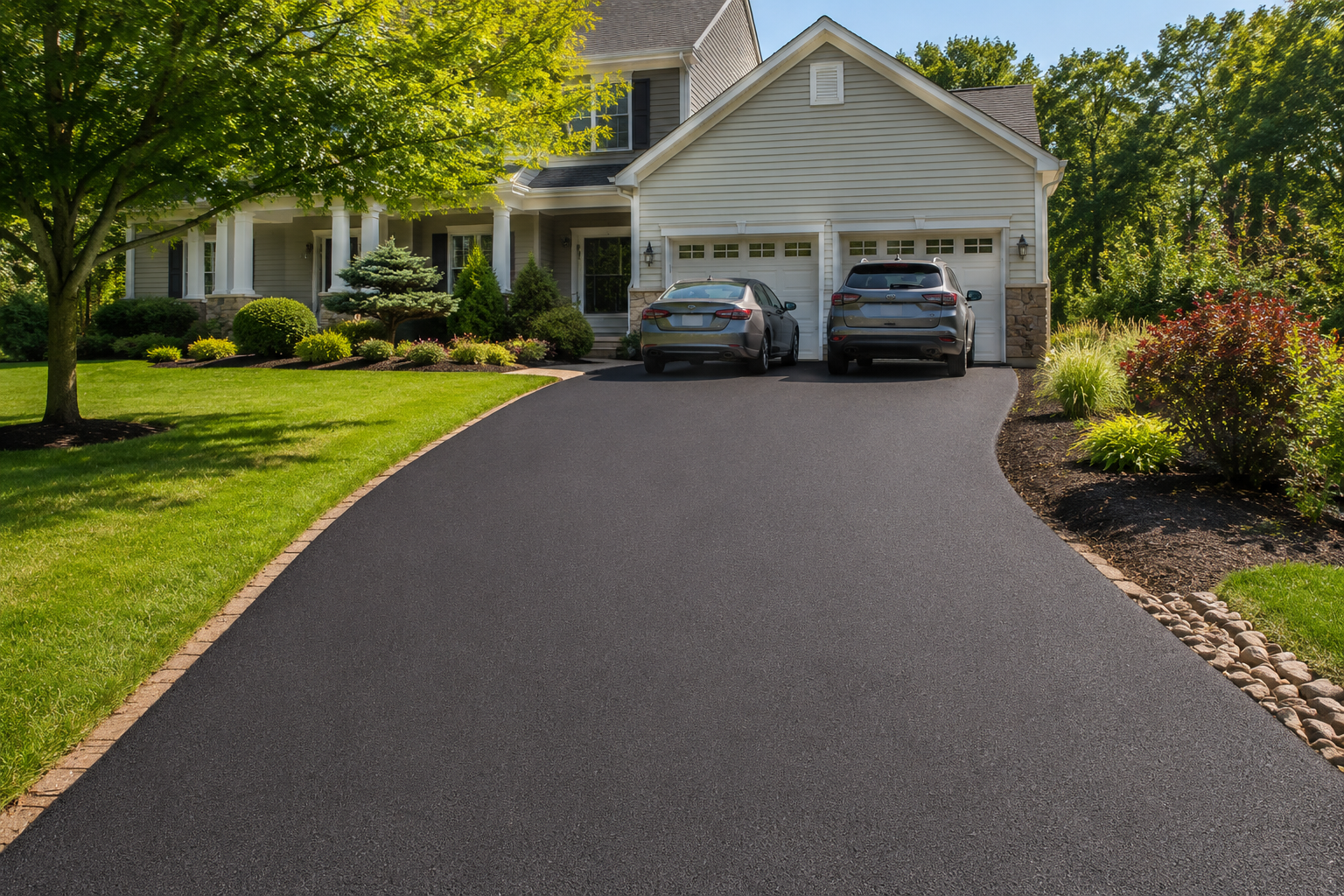 Smooth newly installed asphalt driveway providing residential parking and garage access