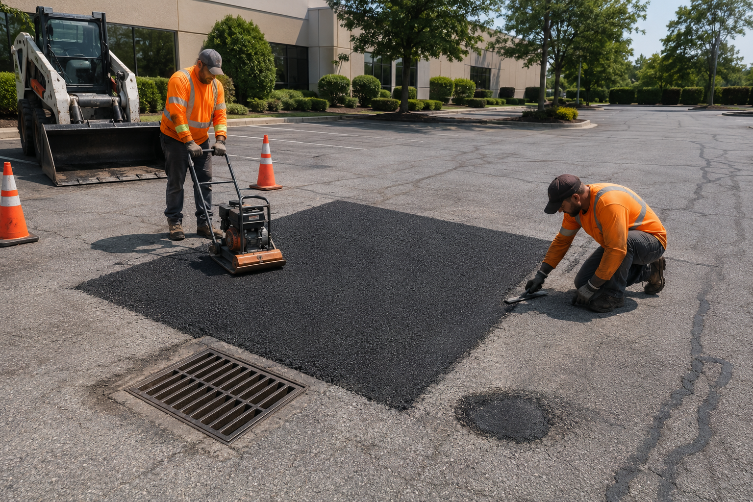 Commercial asphalt repair crew patching a parking lot in Quakertown PA
