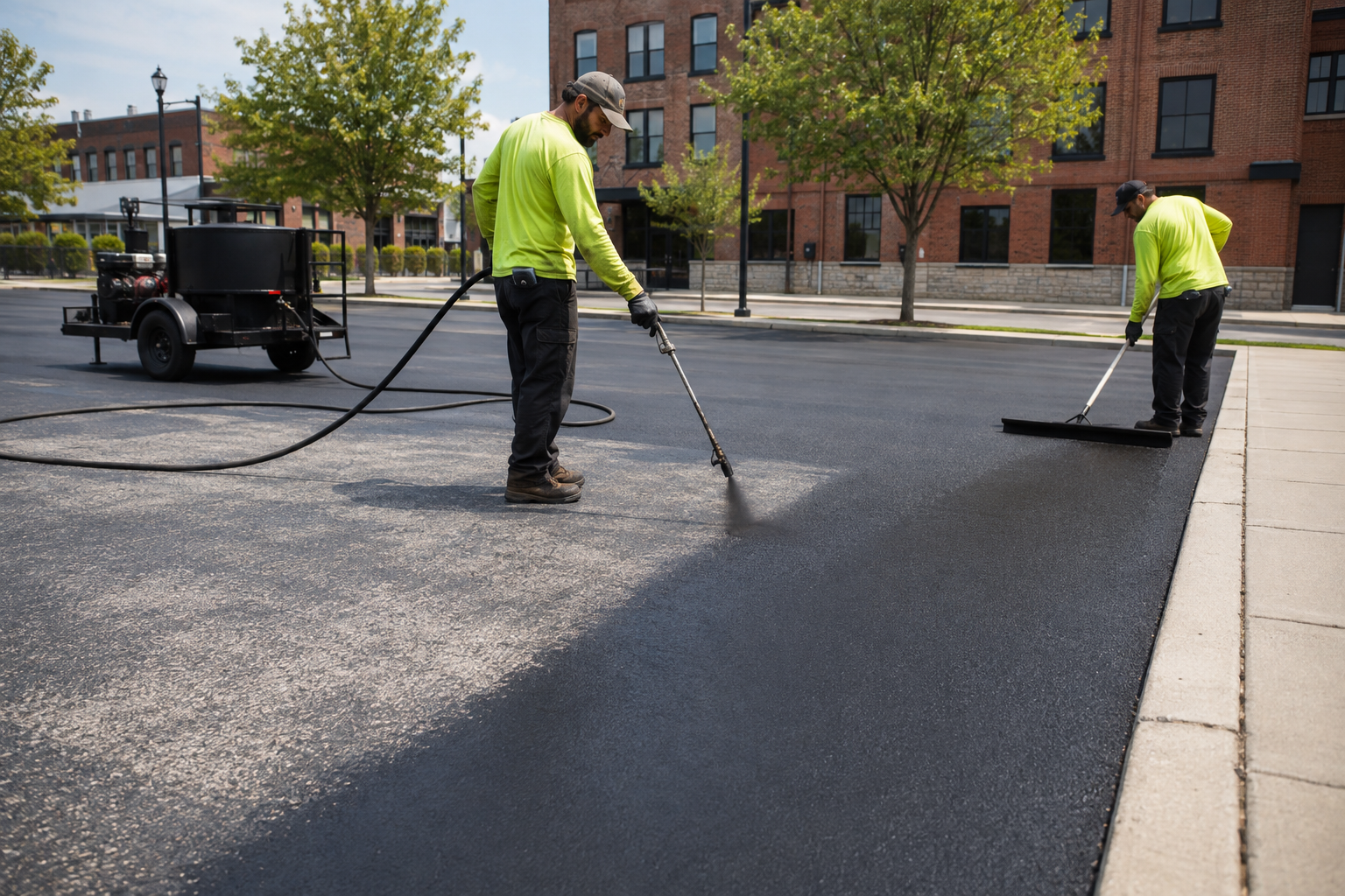 Professional crew sealcoating a commercial parking lot in Easton, PA