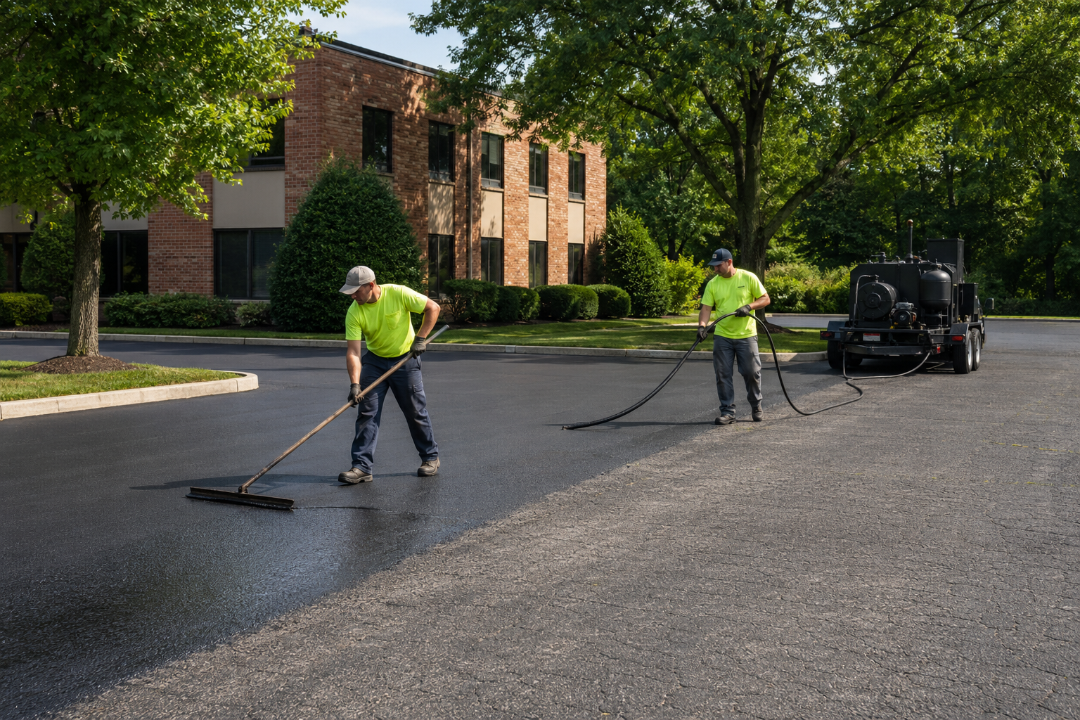 Professionals sealcoating a commercial asphalt parking lot in Lansdale PA