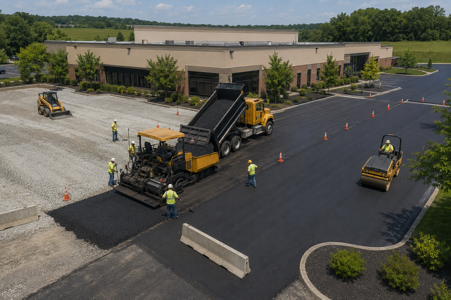 Commercial paving crew completing different stages of a parking lot paving project