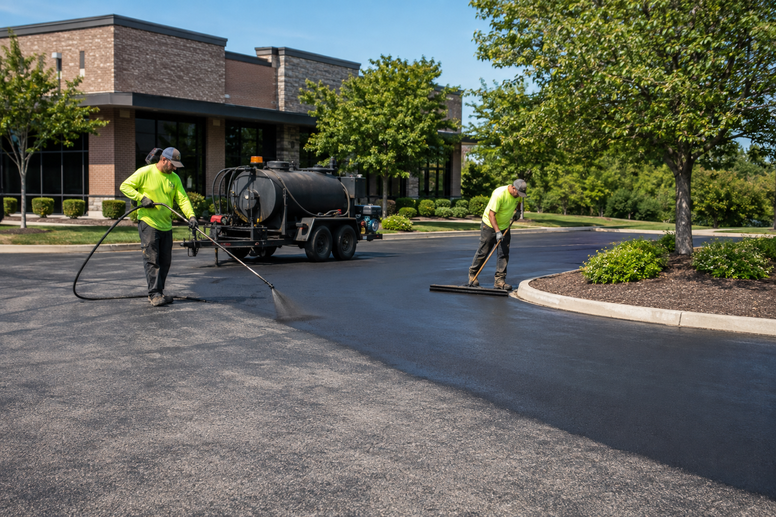 Paving crew sealcoating a commercial asphalt parking lot in Montgomeryville PA