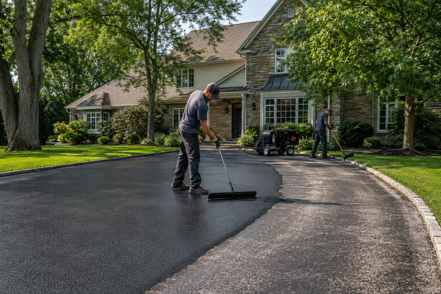 Professional crew applying sealcoating to an asphalt driveway in Alburtis, PA