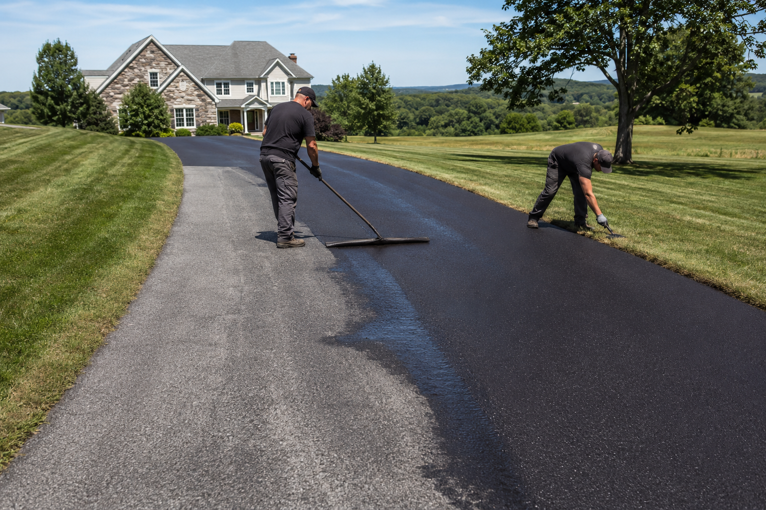Professional crew sealcoating a residential asphalt driveway in Coopersburg, PA