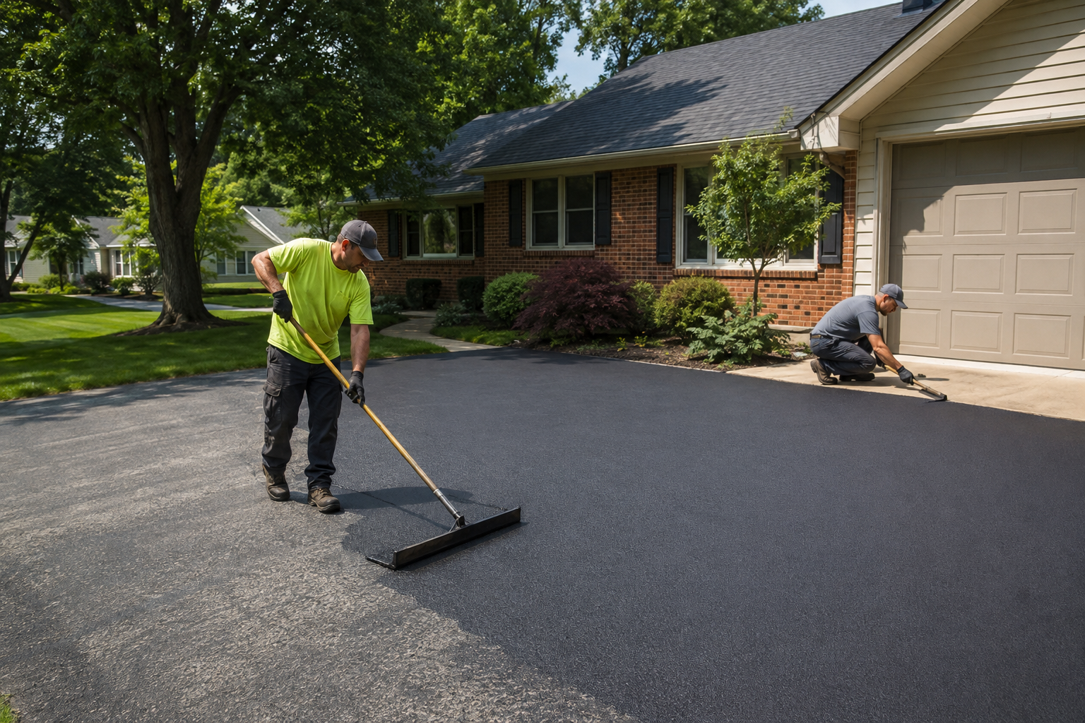 Professional crew applying sealcoating to an asphalt driveway in Dublin, PA