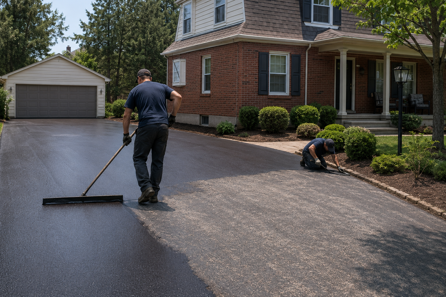 Professional crew sealcoating an asphalt driveway in East Greenville, PA