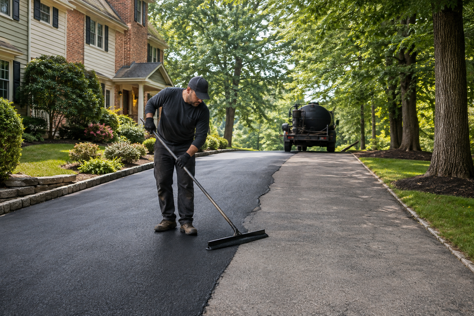 Professional applying sealcoat to a residential asphalt driveway in Frenchtown NJ