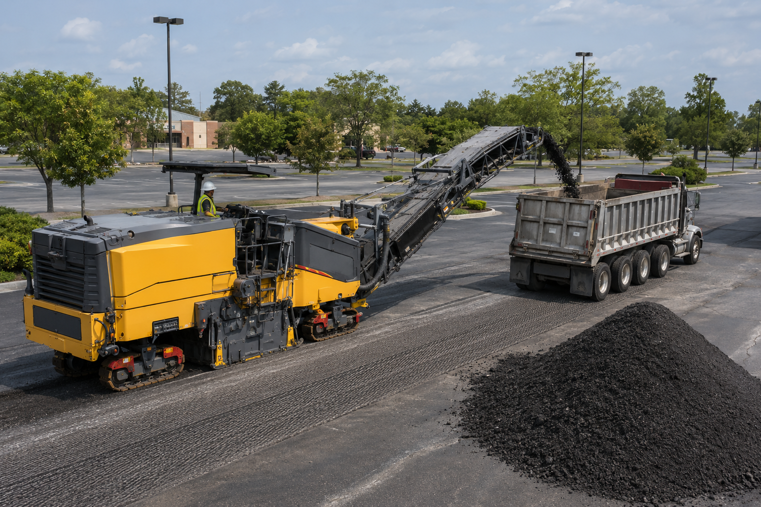 Asphalt milling machine collecting reclaimed pavement for recycling in a commercial parking lot
