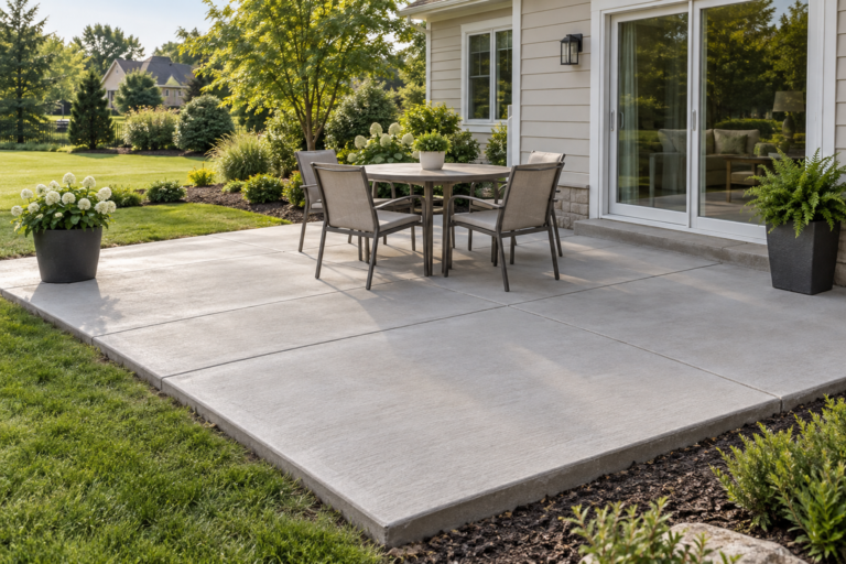 Low-maintenance concrete patio with outdoor table and chairs