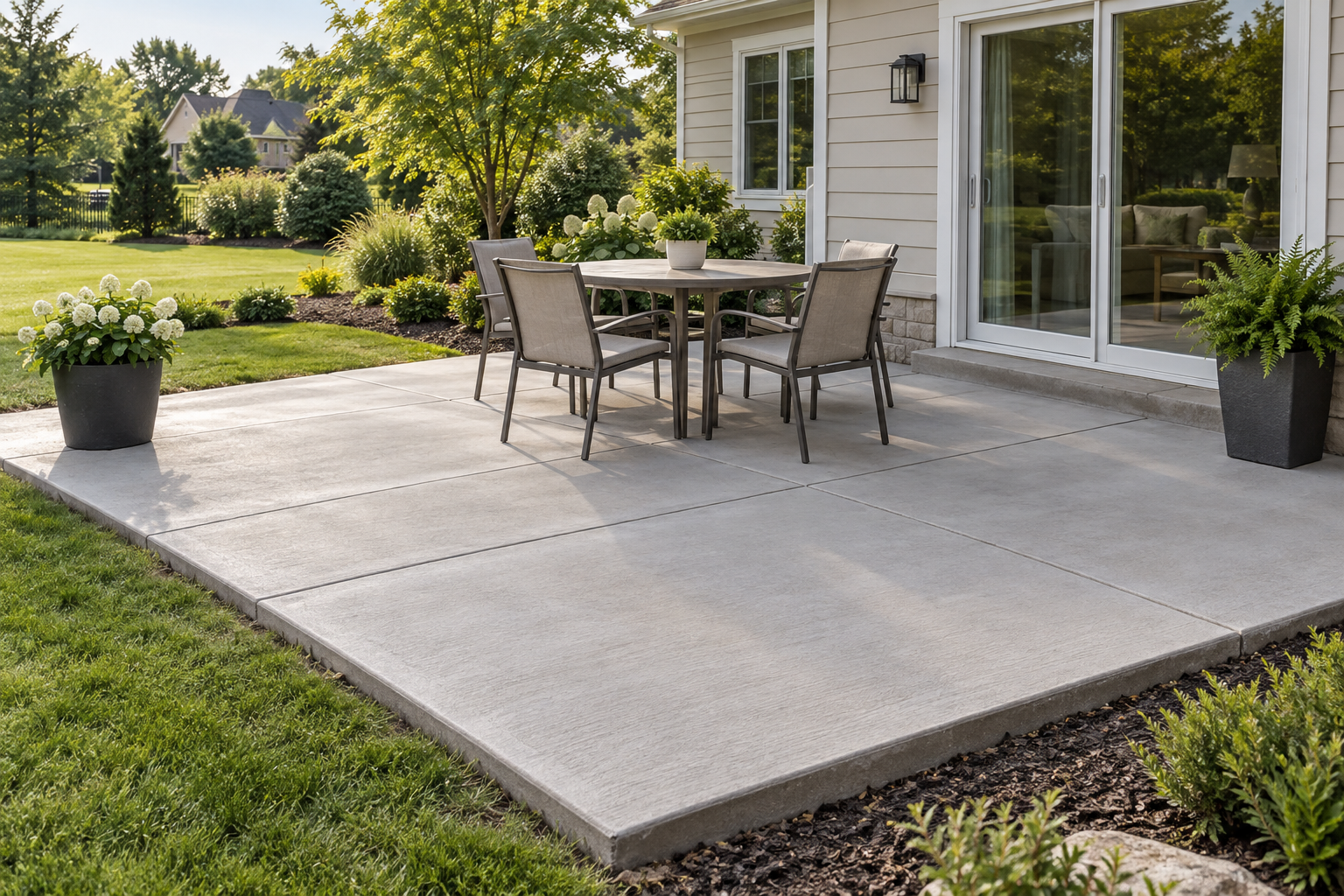 Low-maintenance concrete patio with outdoor table and chairs