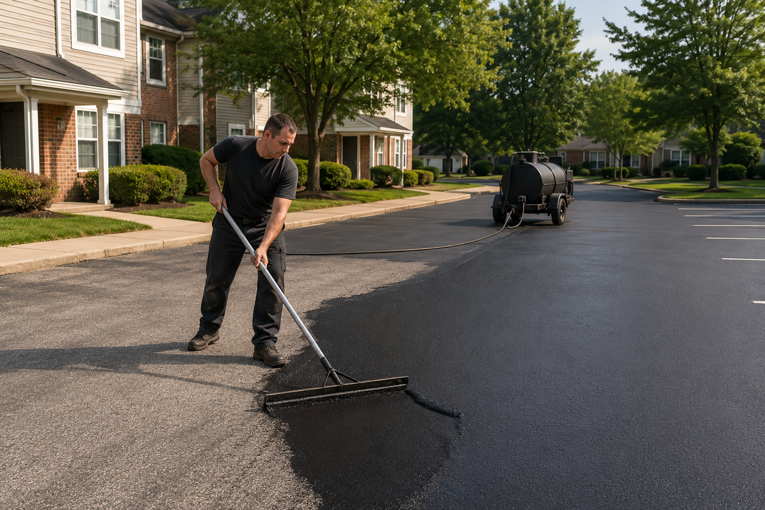 Contractor sealcoating a multifamily residential parking area in Trooper PA