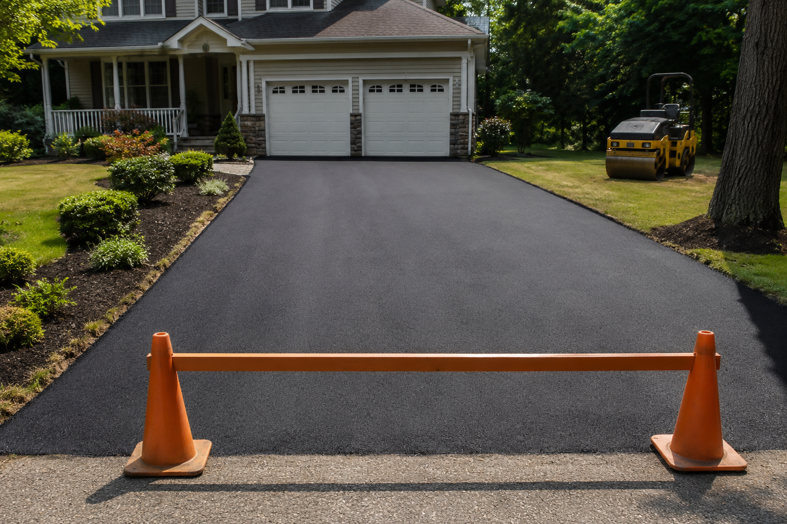 Newly paved asphalt driveway closed to vehicles while the surface cools and cures