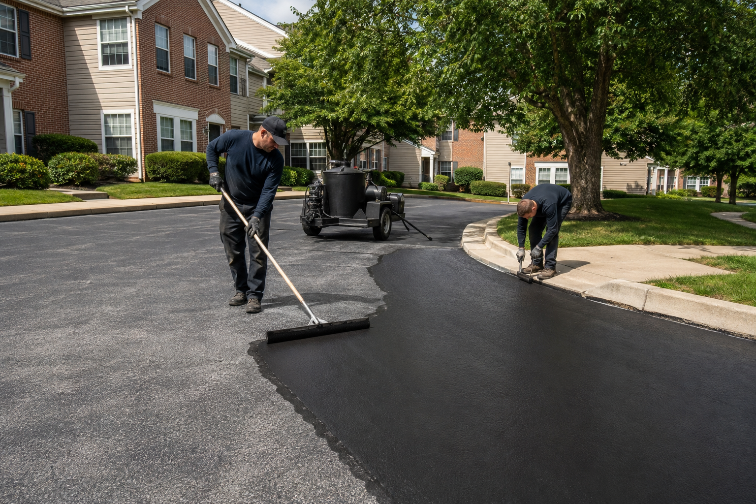 Professional crew sealcoating a residential parking area in Eagleville, PA