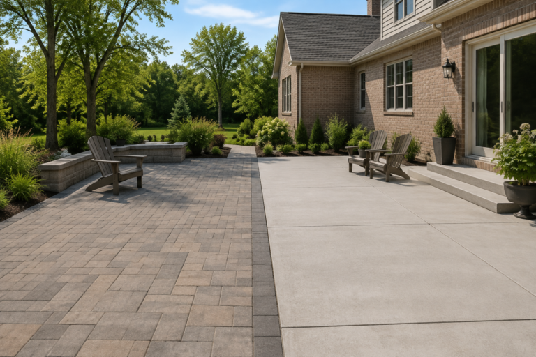 Side-by-side comparison of concrete pavers and poured concrete