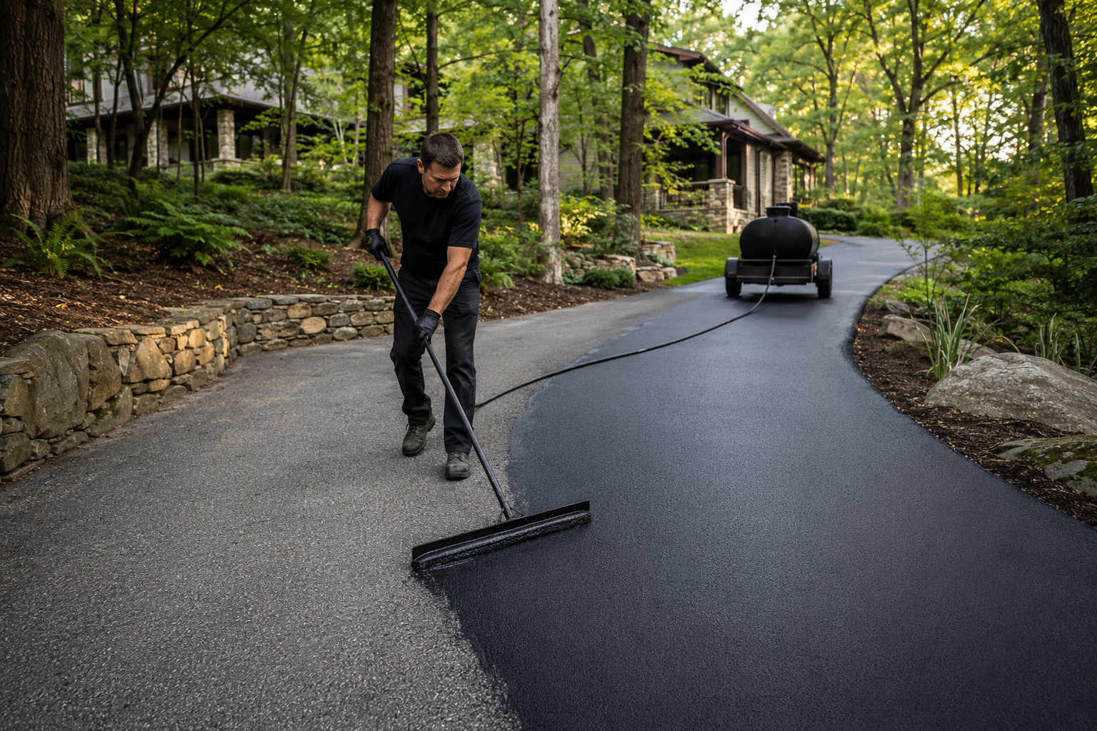 Contractor sealcoating a wooded private asphalt driveway in Tinicum Township PA