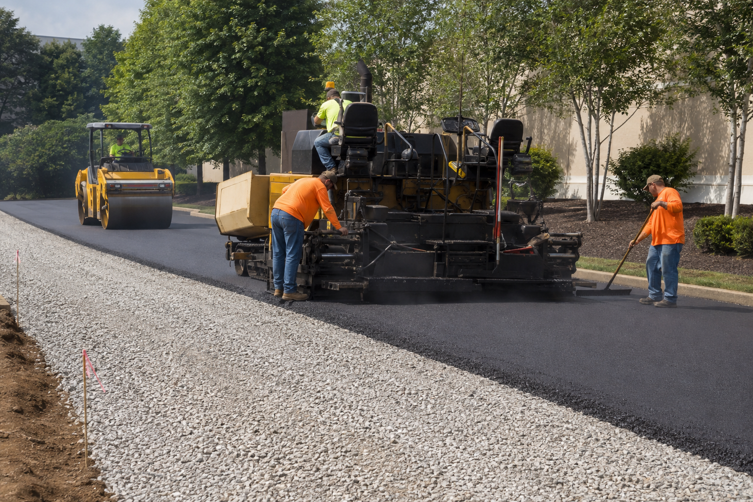 Paving crew installing and compacting asphalt over a prepared aggregate base