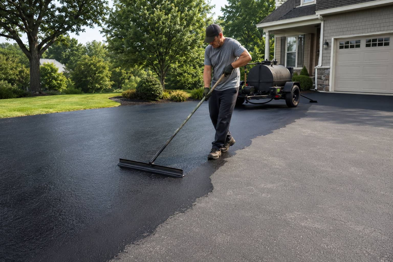 Professional applying sealcoating to an asphalt driveway in Quakertown, PA