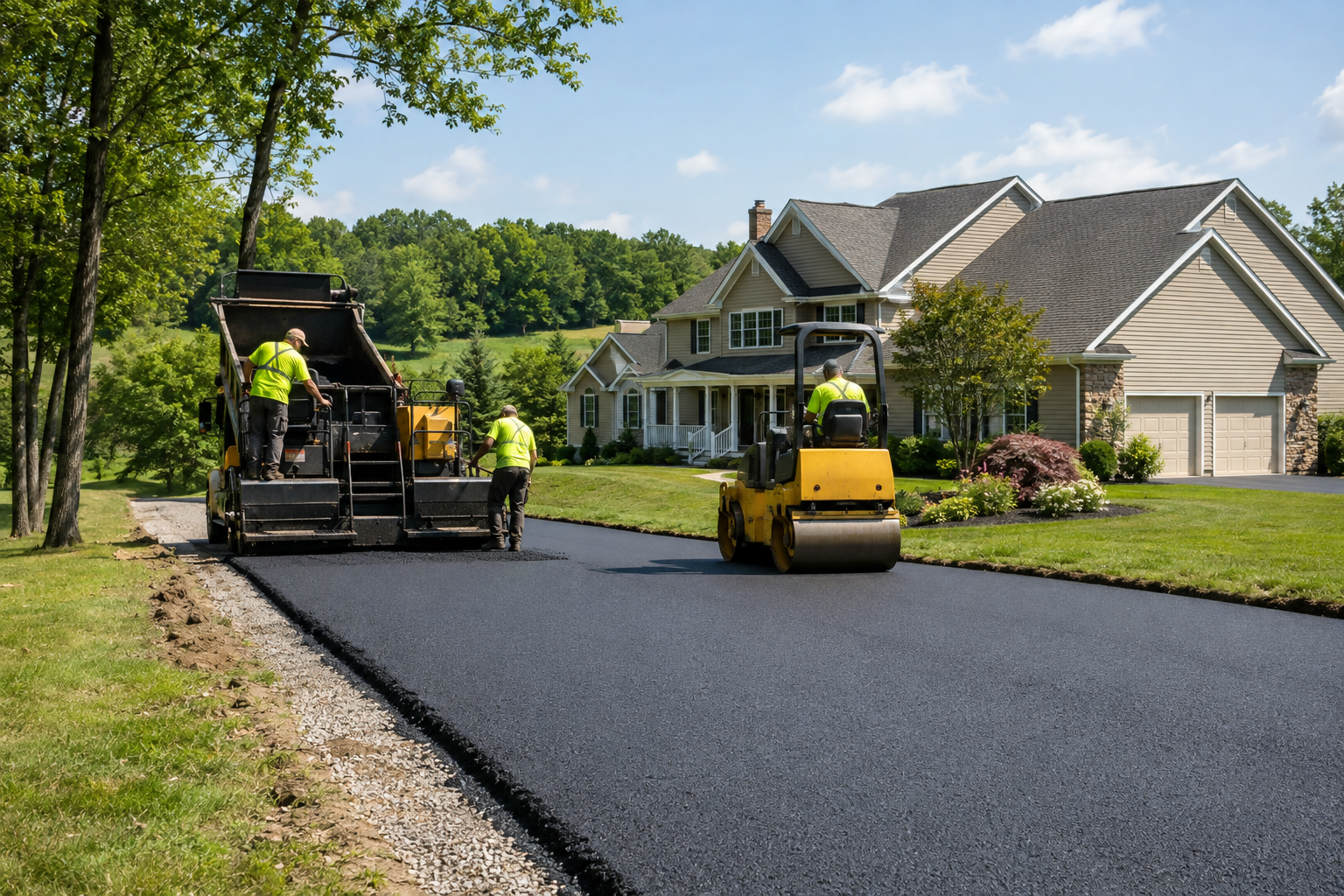 Professional crew paving and compacting a residential asphalt driveway in Bally, PA