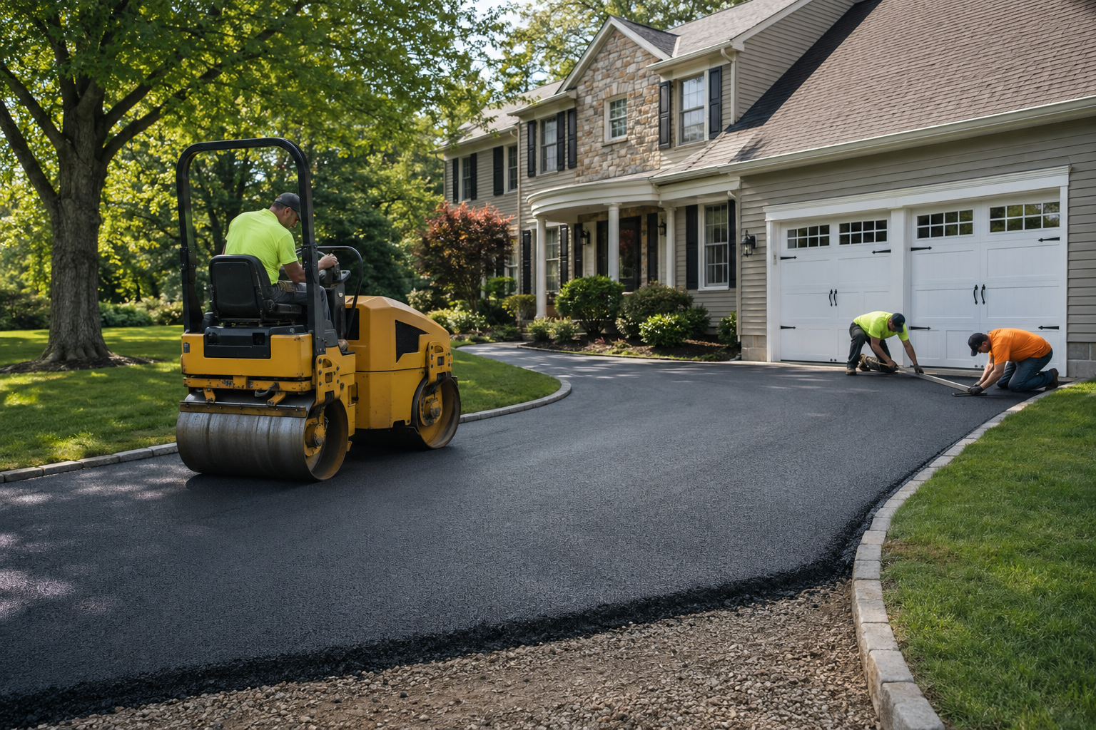 Crew paving and compacting a residential asphalt driveway in Collegeville, PA