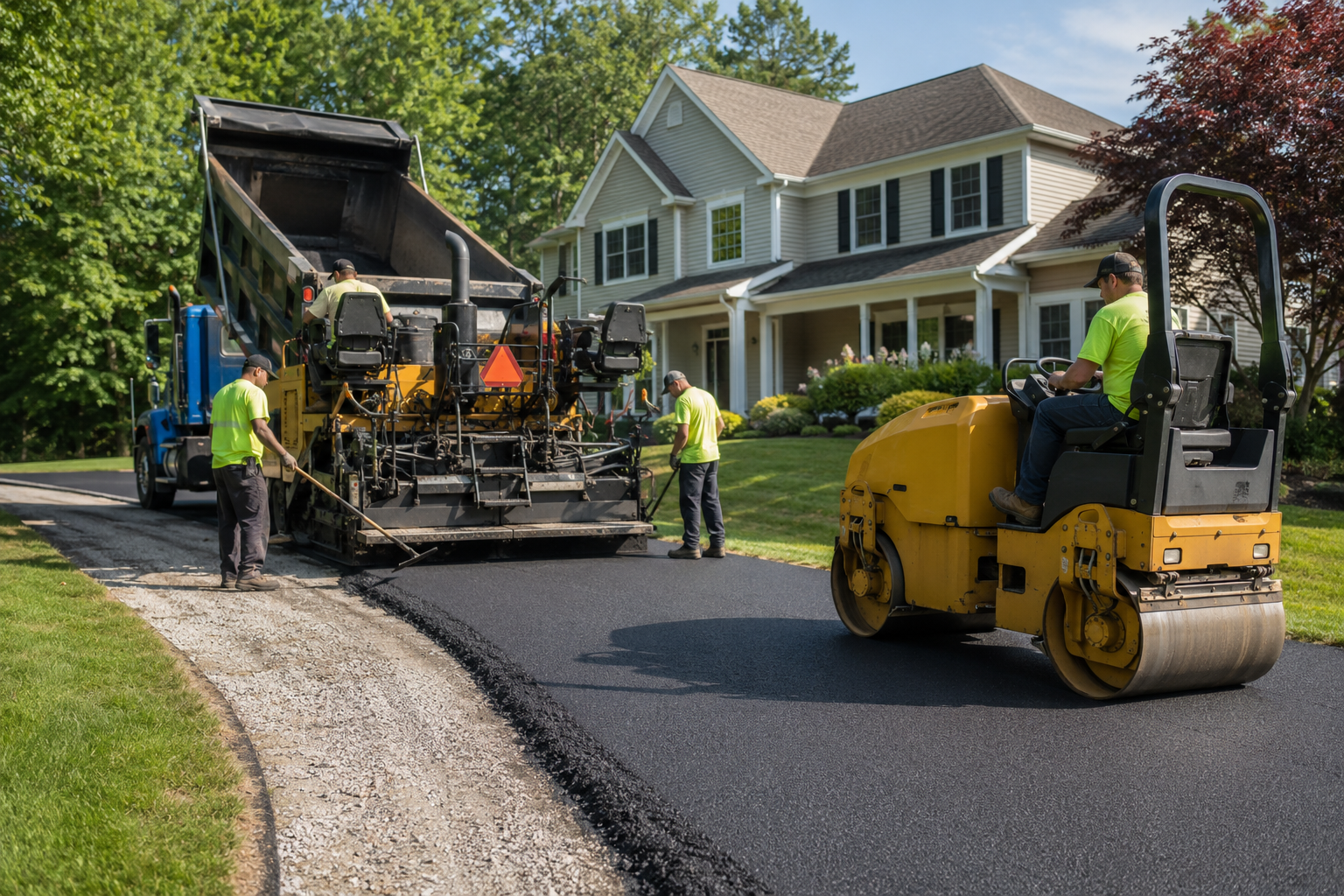 Crew paving and compacting a residential asphalt driveway in Gilbertsville, PA