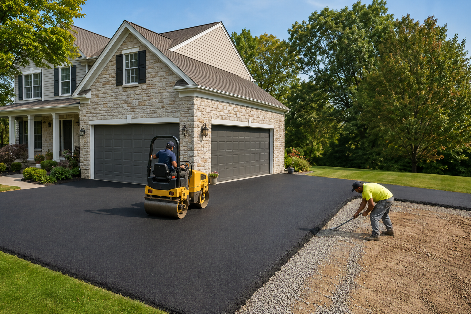 Crew paving and compacting a residential asphalt driveway in Whitehall Township, PA