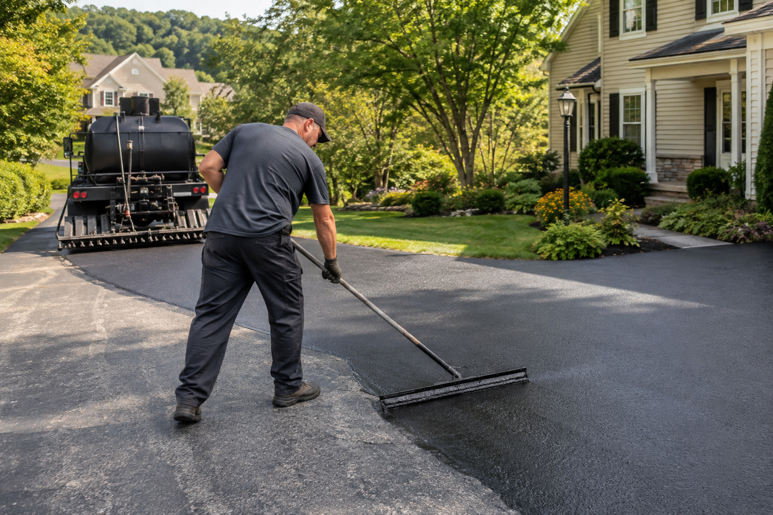 Professional applying sealcoat to a residential asphalt driveway in Egypt PA