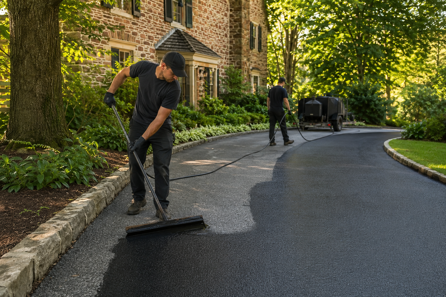 Professionals sealcoating a residential asphalt driveway in New Hope PA