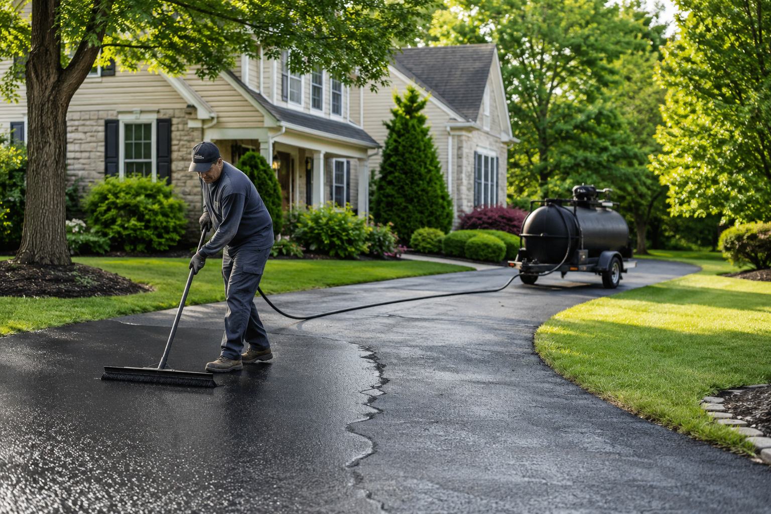 Contractor applying sealcoating to a residential asphalt driveway in Pennsburg PA
