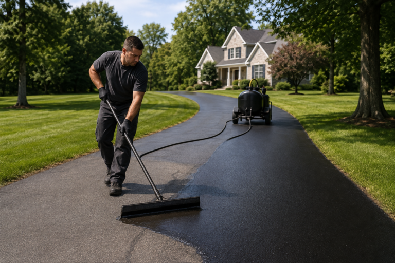 Contractor sealcoating a long residential asphalt driveway in Schnecksville PA